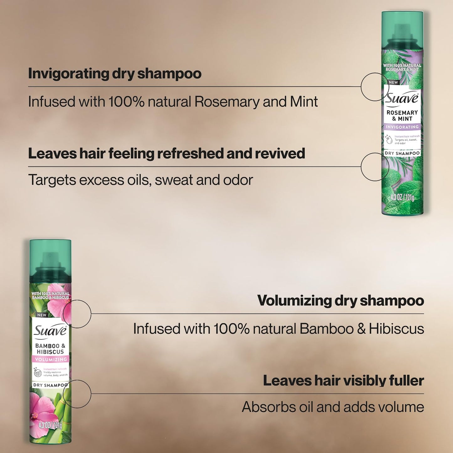 Suave+ Dry Shampoo Spray Variety 2-Pack – Invigorating Rosemary & Mint + Volumizing Bamboo & Hibiscus, 4.3 Oz Ea
