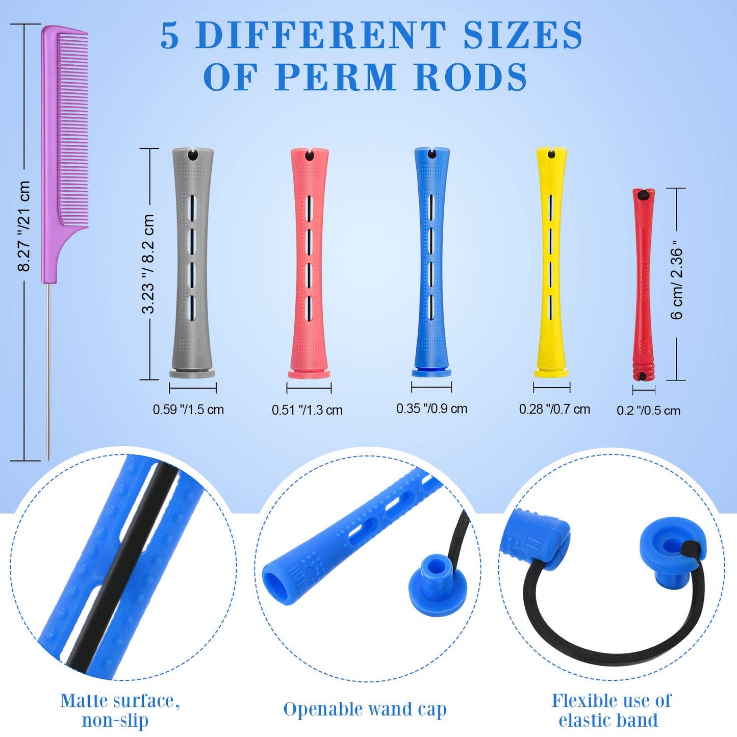 WILLBOND 60 Pieces Hair Perm Rods Set Plastic Cold Wave Perming Rods for Natural Hair Long Short Curling Rollers with Rat Tail Comb for Hairdressing(Bright Color,Assorted Size)