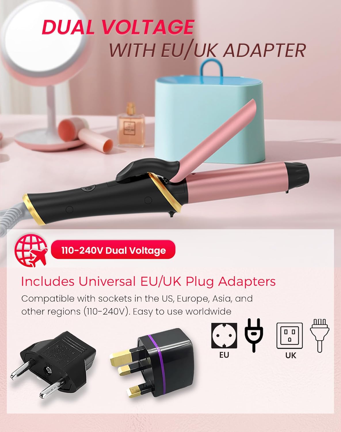 Ukliss Mini Curling Iron 1 Inch with Anti-Scald Tip, 30s Fast Heat, 5 Temp Settings & Dual Voltage for Travel, Creates Soft Waves & Curls on Short to Medium Hair, Includes EU/UK Adapter, Heat Mat