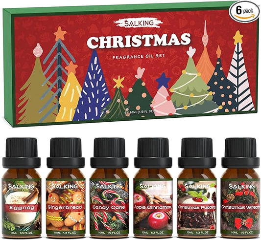 SALKING Christmas Fragrance Oils, Premium Essential Oil for Diffuser, Scented Oil Gift Set for Soap Candle Making - Christmas Wreath, Apple Cinnamon, Gingerbread, Candy Cane, Christmas Pudding, Eggnog