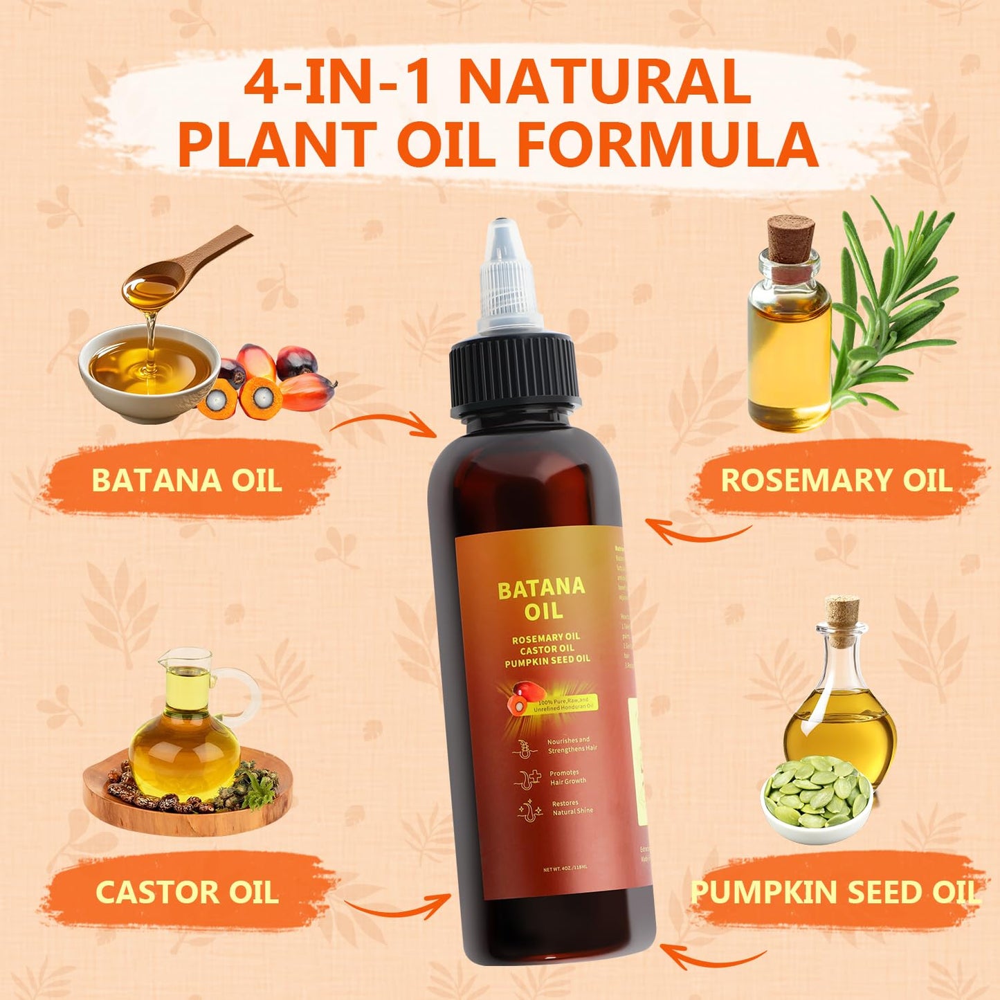 Natural Batana oil for hair growth,Batana Oil, Rosemary，Castor Oil，Pumpkin Seed Oil，4in1 Liquid Batana Hair Oil for All Hair Types (1PCS)