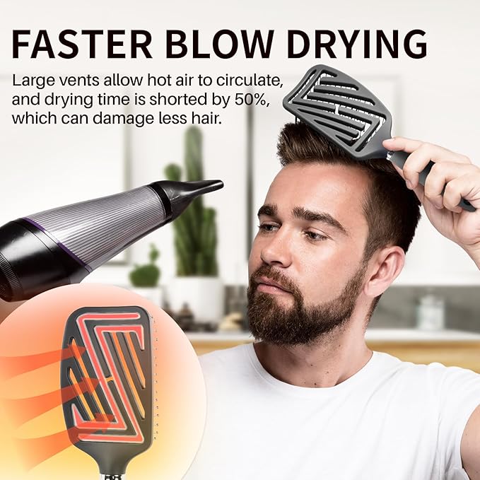 RHOS Curved Vented Detangling Hair Brush for Men, Faster Blow Drying/Styling,Paddle Vent Detangler Brush for Short,Thin,Bangs,Wet&Dry Hair(Gray)