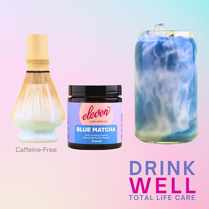 Eleven TLC, Blue Matcha Powder, 100% Organic Butterfly Pea Flower, Antioxidants, Wellness Support, Clitoria Ternatea, Caffeine -Free, GMO-Free, Smoothies, Cocktails, Mocktails, 18 Servings