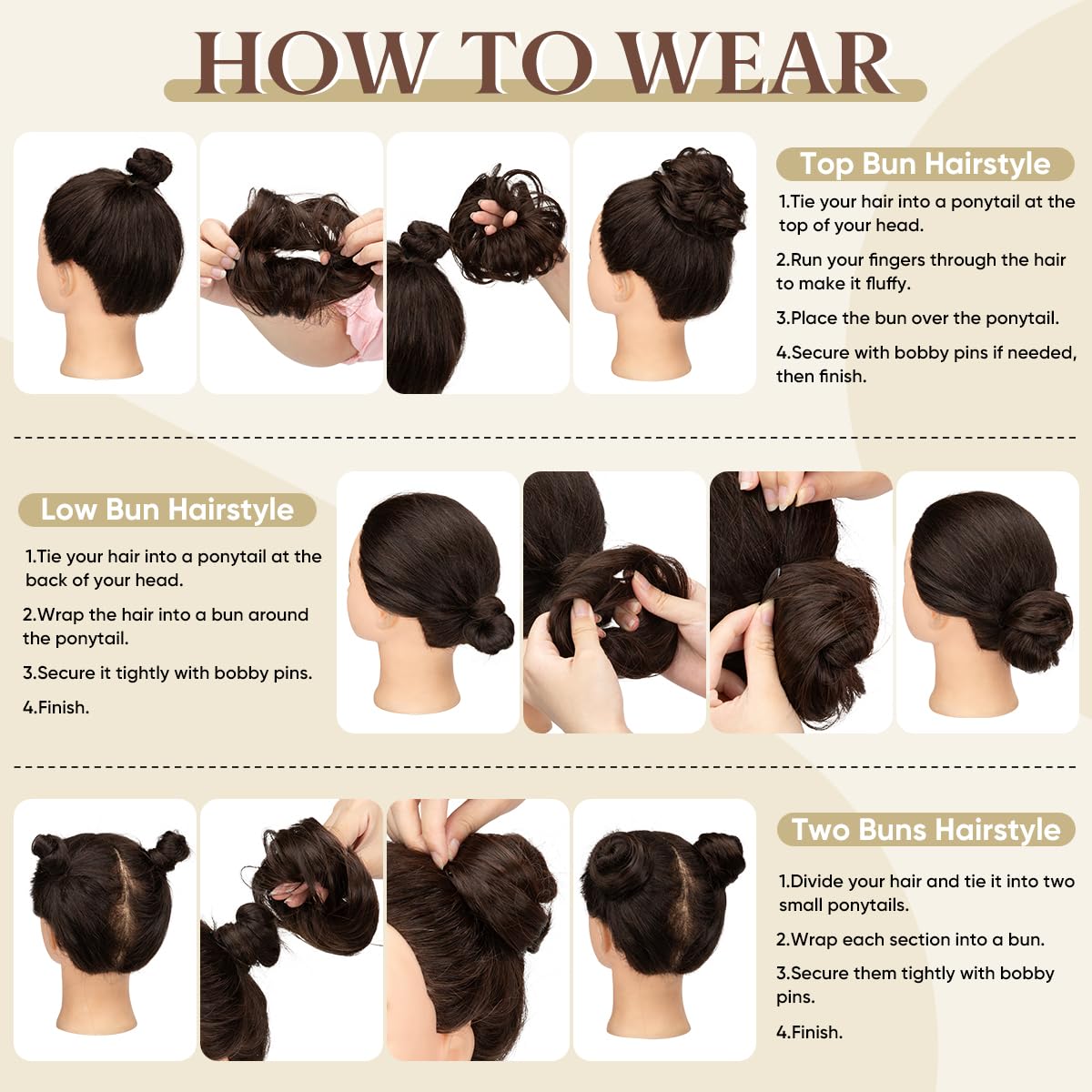 CJL HAIR 2PCs Small Cute Messy Bun Hair Piece for Thin Hair Women Mini Synthetic Curly Bun Scrunchies Updo Hairpieces Beige Multi