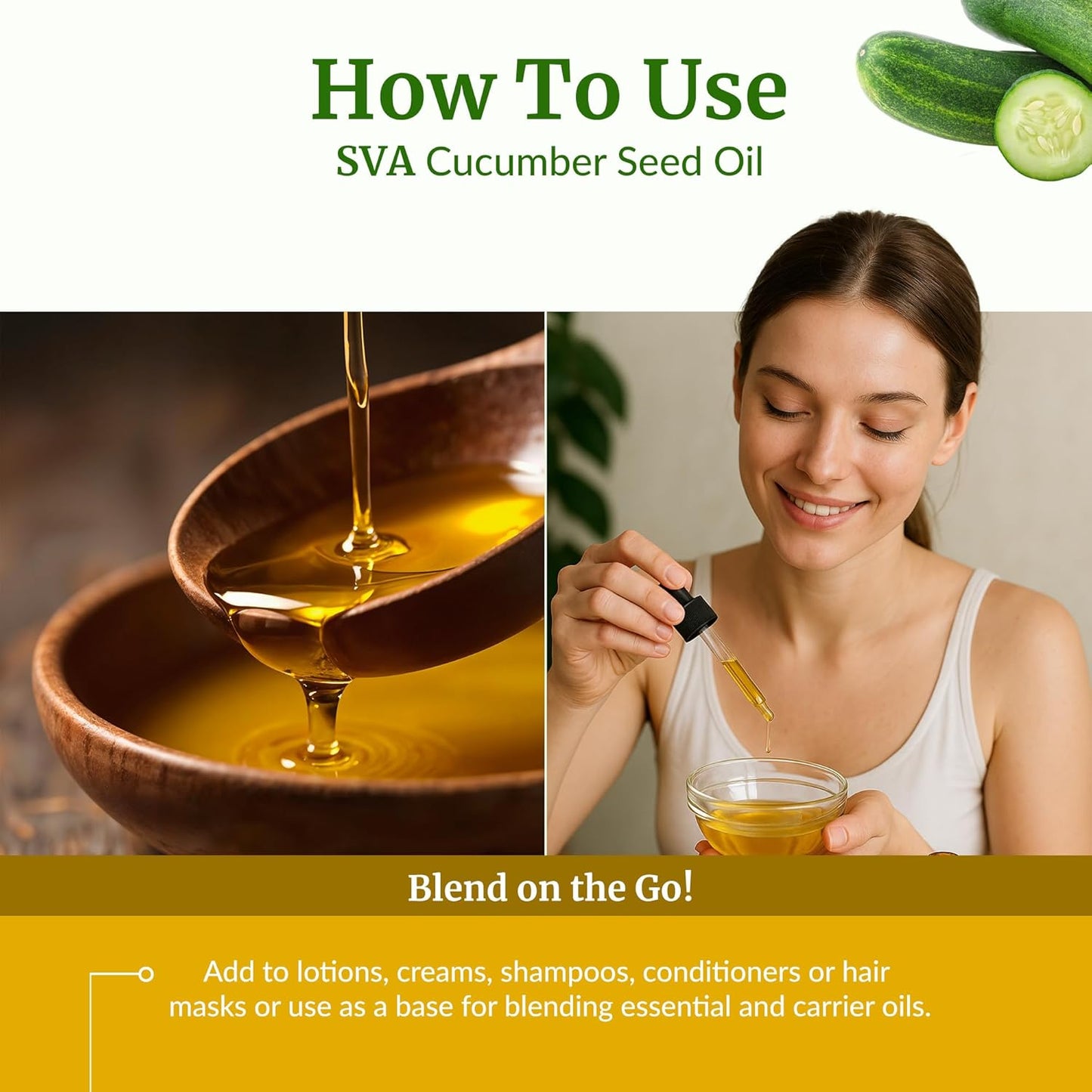 SVA Cucumber Seed Oil - 4 Fl Oz – 100% Natural Cold Pressed Cucumber Oil - for Face, Skin Care, Hair Care, Scalp Massage & Body Massage – Carrier Oil with Dropper