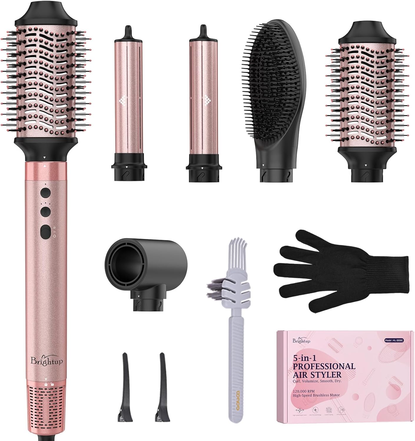 Brightup 5 in 1 High-Speed Hot Air Styler, 1400W Powerful 120000RPM Hair Dryer Brush, Negative Ions Thermal Brush, Cool Shot Button, Curler, Volumizer, Straighter, No Heat Damage, with Travel Bag