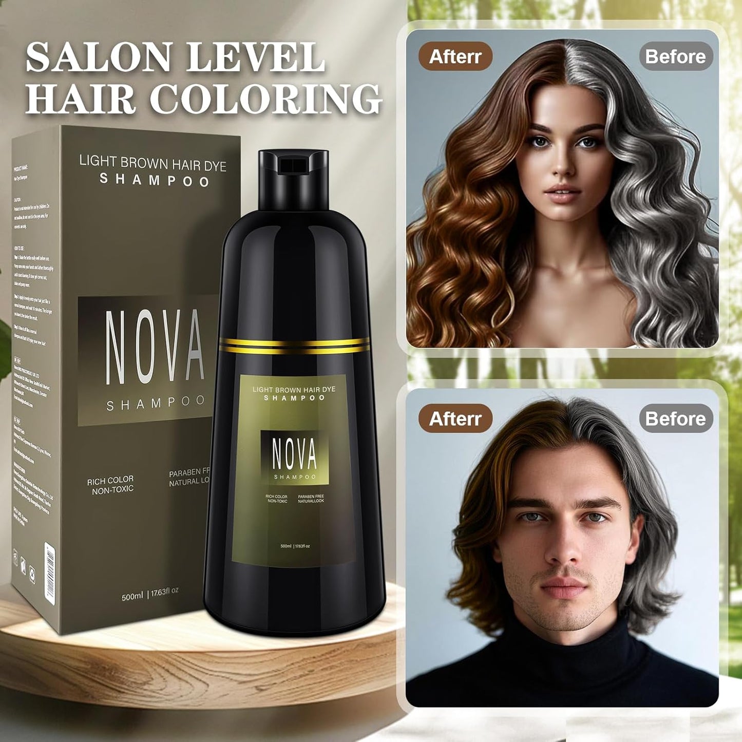 Hair Dye Shampoo & Champu Para Canas - Natural 3-in-1 Instant Gray Coverage for Men & Women (Light brown-500ML)