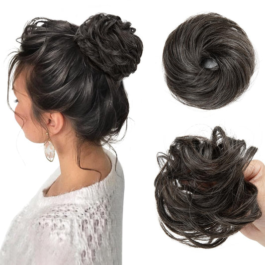 CJL HAIR 2PCs Small Cute Messy Bun Hair Piece for Thin Hair Women Mini Synthetic Curly Bun Scrunchies Updo Hairpieces Pepper Grey
