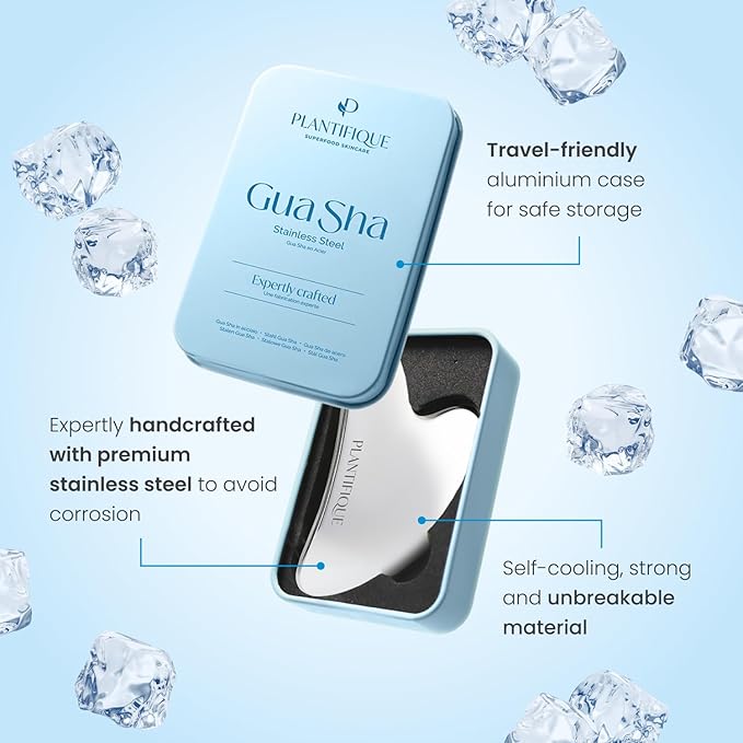 PLANTIFIQUE Stainless Steel Gua Sha | Facial Tool | Skin Massage for Face Body Eyes Neck Heart Style with Travel Pouch | Skin Care Gift