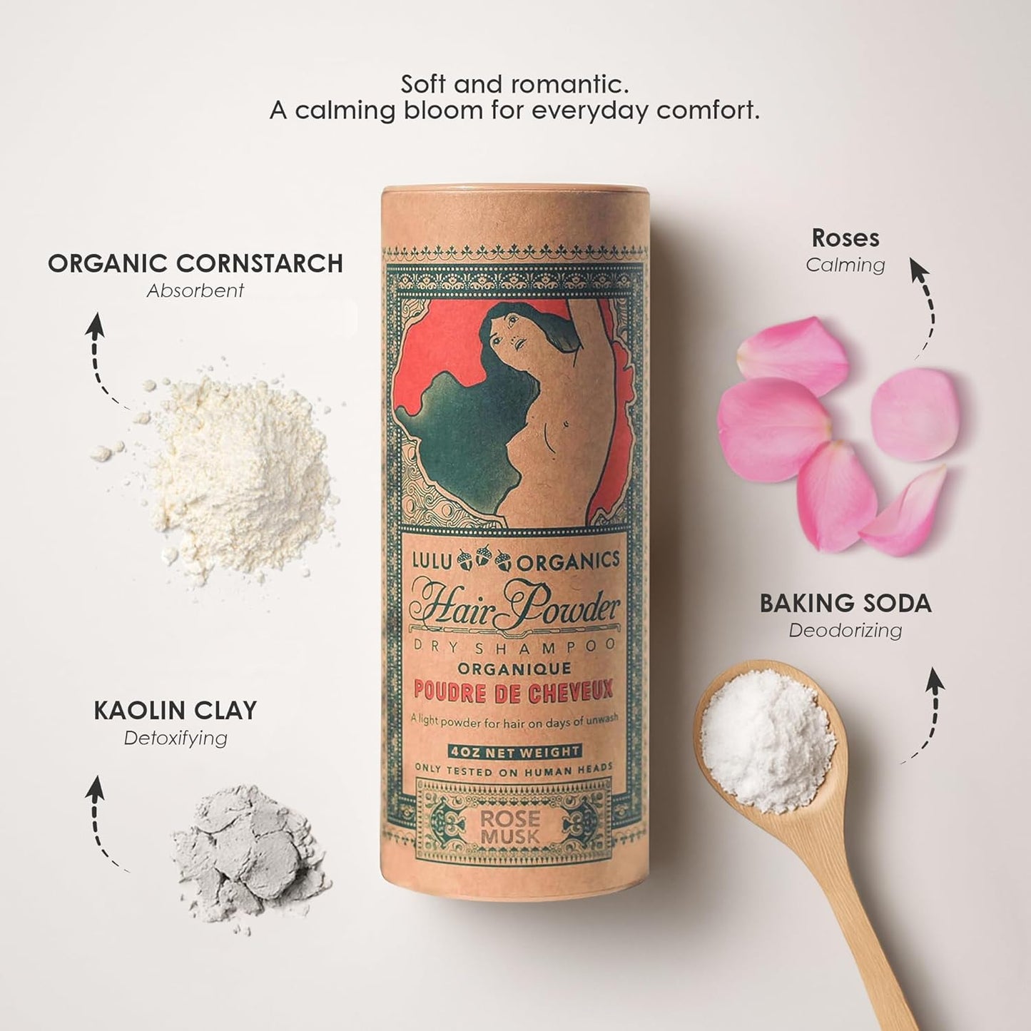 Non-aerosol Dry Shampoo Powder for Dark, Blonde and Oily Hair, All Natural Shampoo Body Powder for Women and Men, Paraben & Talc free No White Cast Synthetic Fragrance, Rose Musk - 4oz