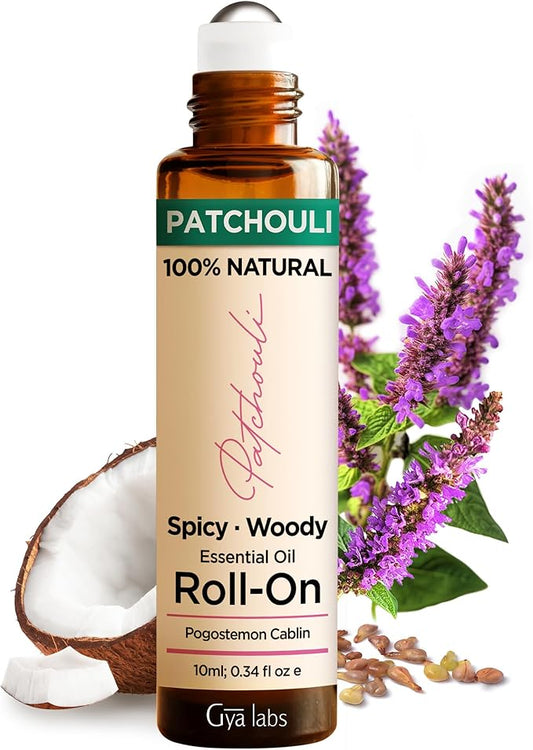 Gya Labs Patchouli Essential Oil Roll on for Skin - 100% Pure Natural Patchouli Perfume for Women, Soothing Aromatherapy Oil Roller, Alcohol Free, Travel Size (0.34 Fl Oz)