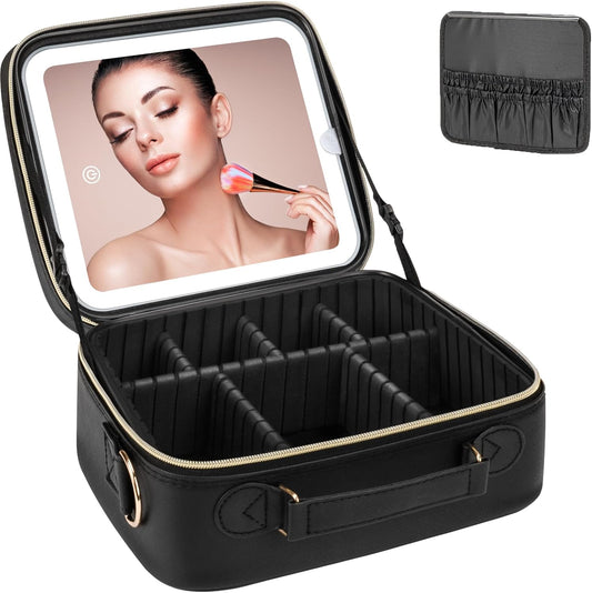 Makeup Bag with LED Mirror, [3 Color and Stepless Dimmable] Rechargeable LED Light for Makeup Bag Train Case with Brushes Storage Organizer, Travel Box Cosmetic Bag for Women - Black