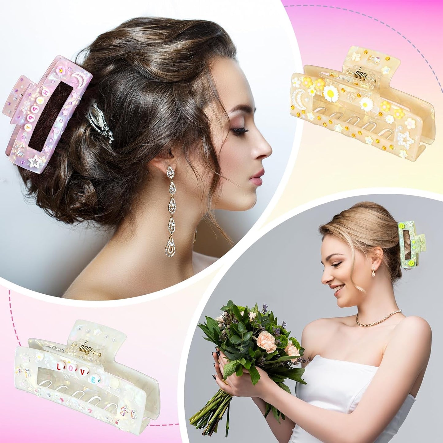 6 Set DIY Hair Claw Clips Kit Acrylic Claw Clip with Resin Rhinestones Pearls Hair Clips with Strong Hold Non-slip Banana Barrettes for Women Party Supplies for Craft DIY (Rectangle)