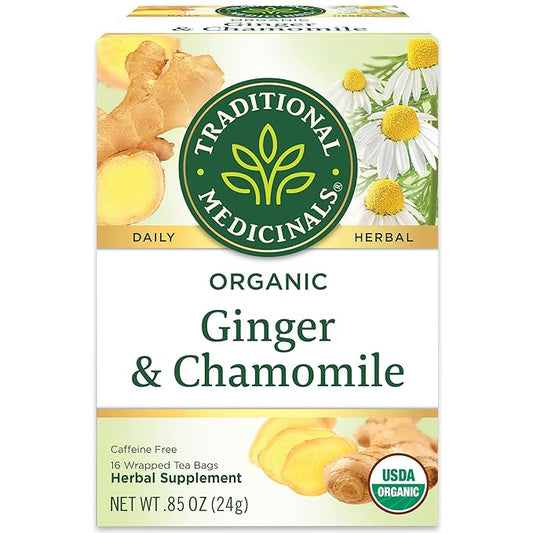 Traditional Medicinals Organic Ginger & Chamomile Herbal Tea, Relieves Occasional Indigestion or Nausea, (Pack of 1) - 16 Tea Bags