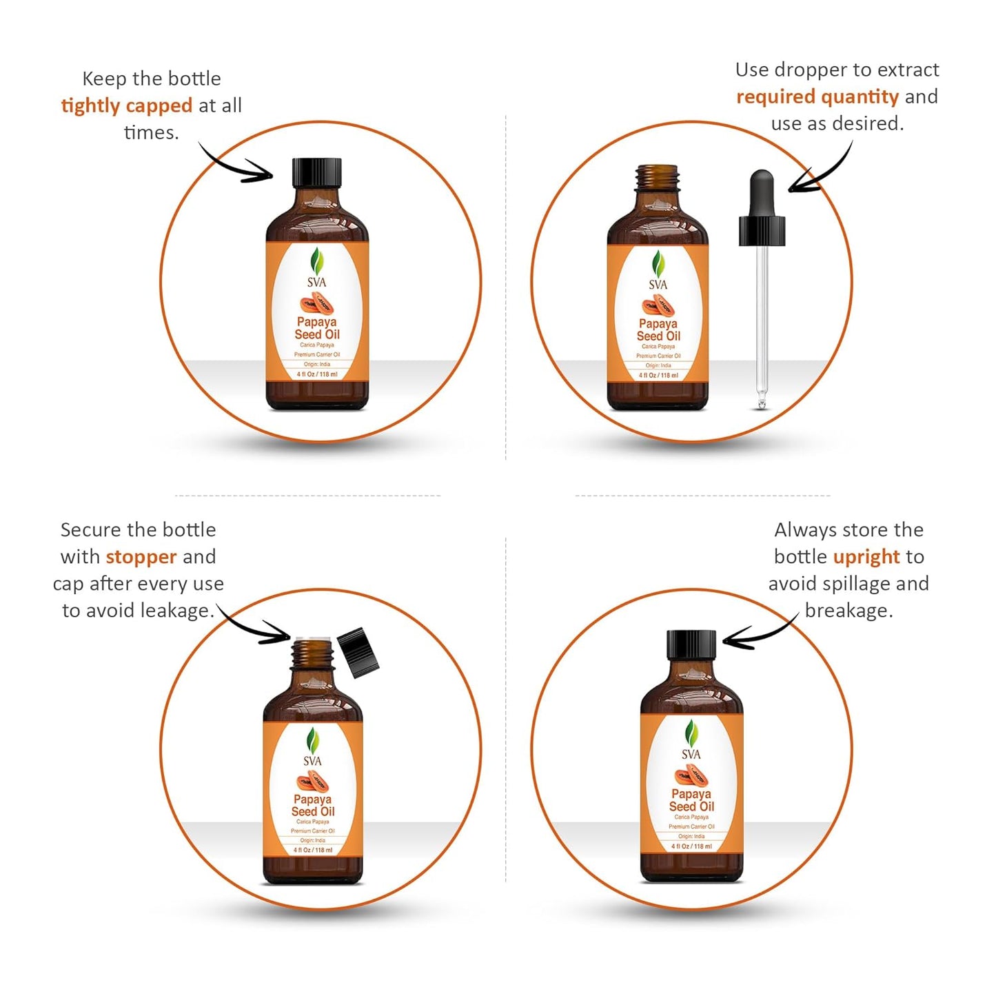 SVA Papaya Seed Oil - 4 Fl Oz – 100% Natural Cold Pressed Papaya Oil - for Face, Skin Care, Hair Care, Scalp Massage & Body Massage – Carrier Oil with Dropper