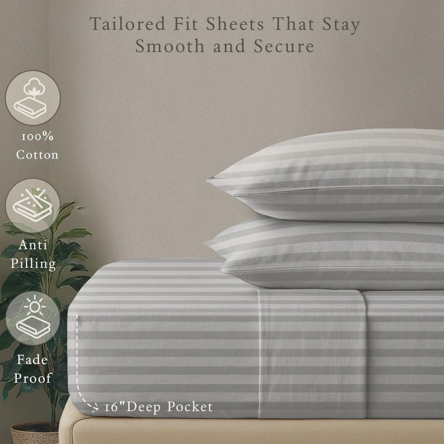 Threadmill 500 Thread Count King Size Damask Stripe, 4 Pc Luxury Cotton Bed Sheet Set, Silky Soft Light Grey Sheets with 16" Elasticized Deep Pocket, 2 Pillowcases & Free Tote Bag