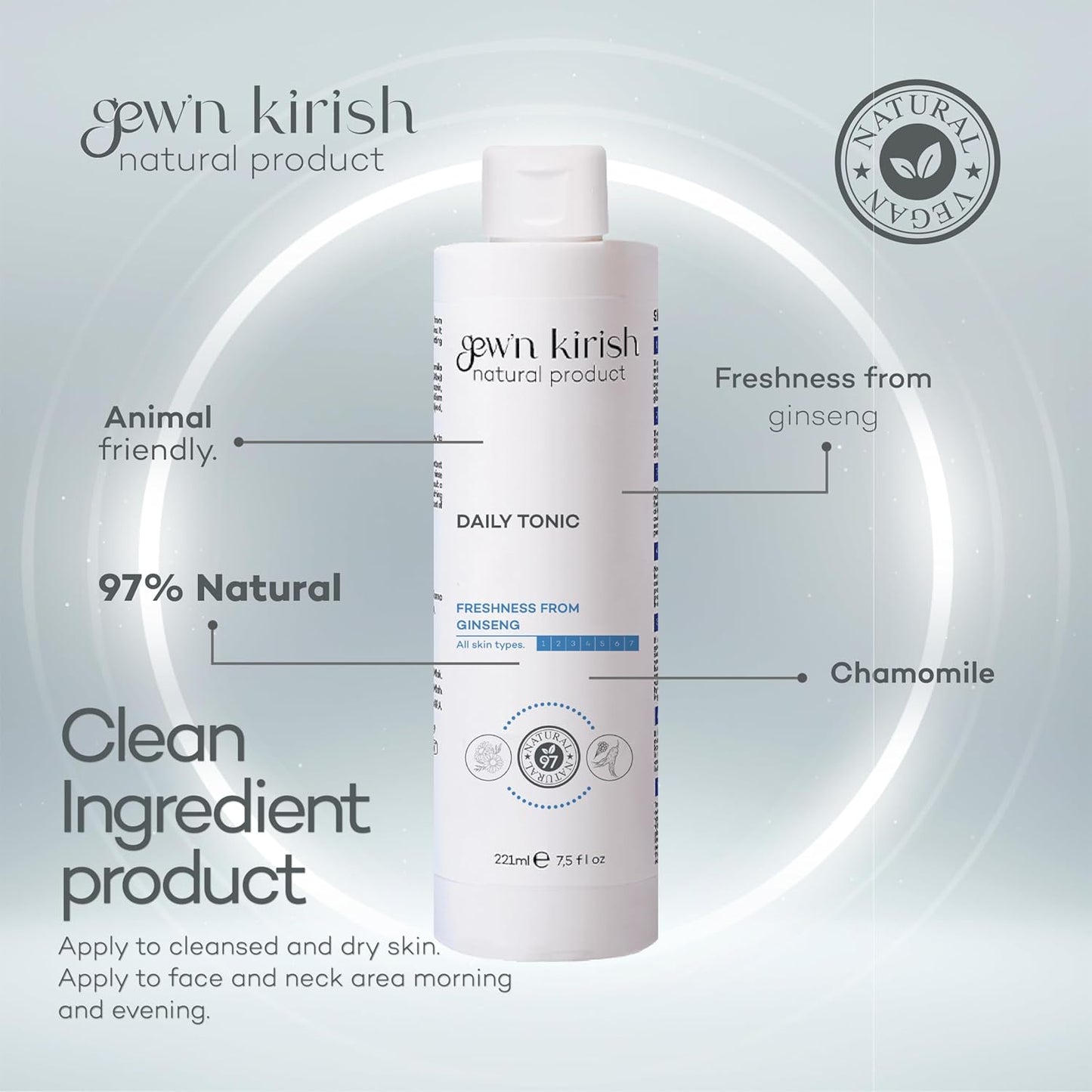 Gew’n Kirish Daily Tonic – Purifying & Hydrating Face Toner with Ginseng, Balances Sebum & Revives Skin, Suitable for Oily, Dry & Sensitive Skin, 7.5 fl oz