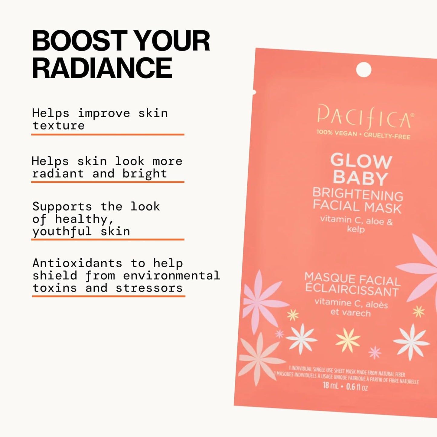 Pacifica Sheet Face Mask - 6 Pack - Glow Baby Brightening Facial Mask w/Vitamin C, Aloe & Kelp – Cooling Mask for Dark Spots & Fine Lines - Clean Beauty Vegan & Cruelty-Free Dermatologist Tested