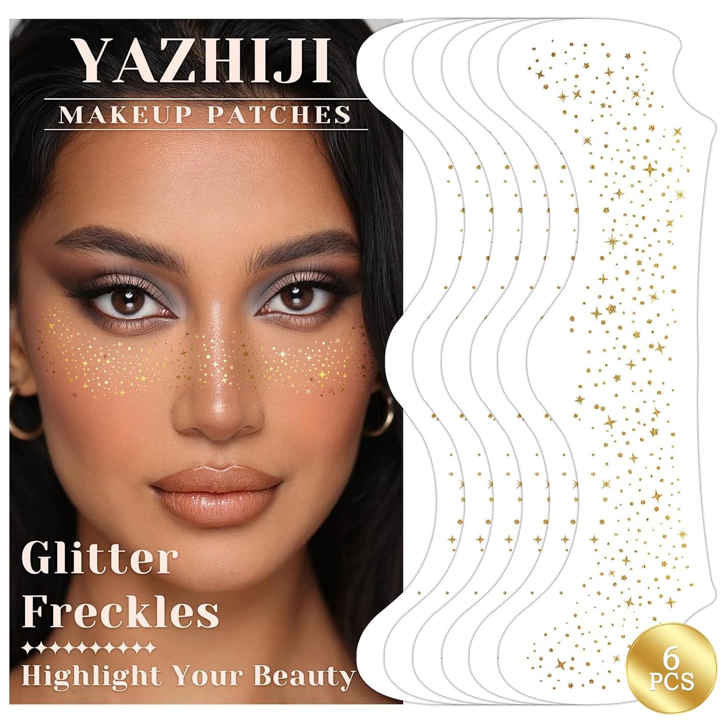 6PCS Glod Glitter Freckles Tattoo, Gold Freckles Temporary Face Tattoos, Gold Star Freckle, Body Face Glitter for Women Girls, Waterproof Long-Lasting Party, Festival, Concert Makeup Accessories