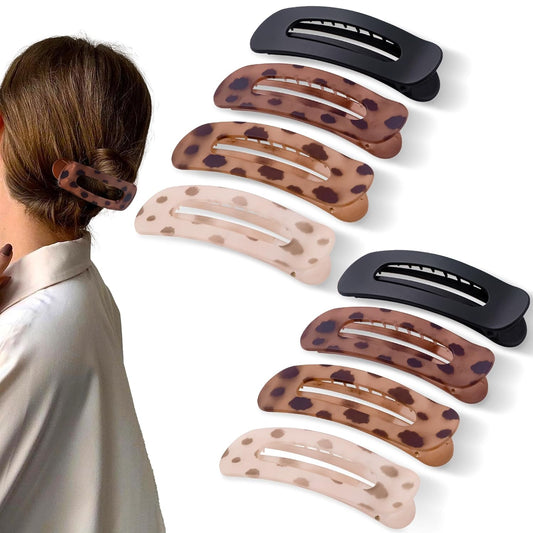 8 Pcs Large Lay Flat Claw Clips for Women French Side Slide Barrettes for Thin Fine Hair Rectangle Alligator Hair Accessories,Matte Black Tortoiseshell