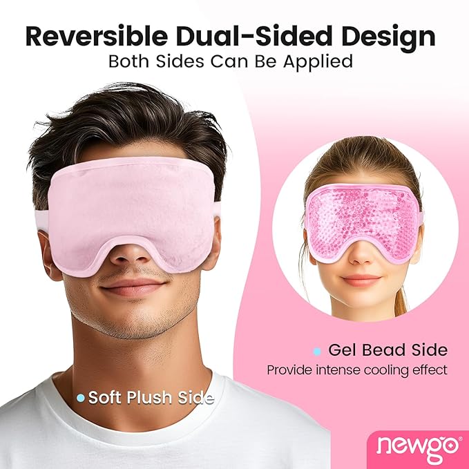 NEWGO Cooling Gel Cold Eye Mask for Puffy Eyes, Reusable Ice Pack with Soft Plush Backing for Dark Circles, Migraine, Stress Relief - Pink