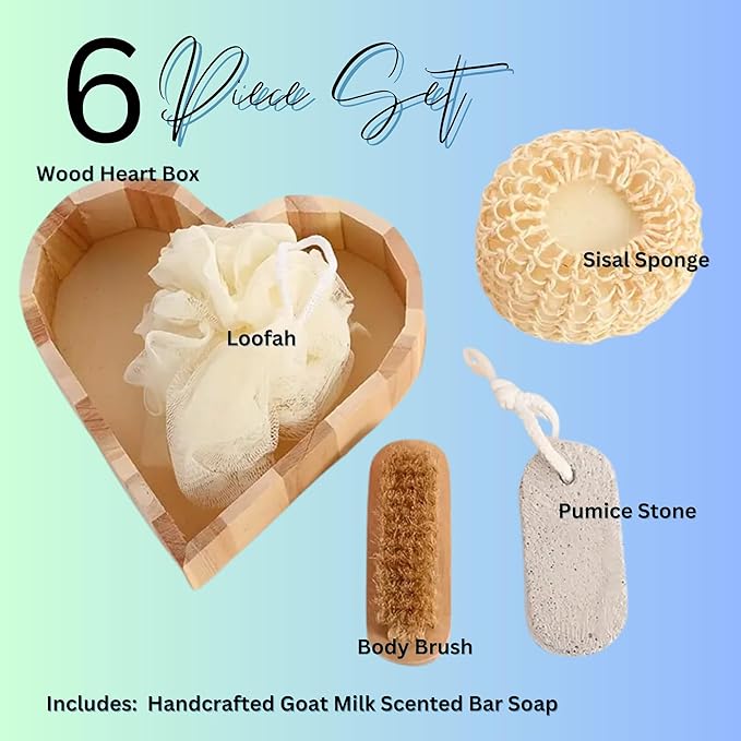 Bath Sets for Women Gift Bath Sponge, Feet Scrubber, Body Brush, Goat Milk Soap Lemon Lime - Perfect Gifts for Women & Mom, Bath Spa Gifts in Heart-Shaped Box, Skin Care Set