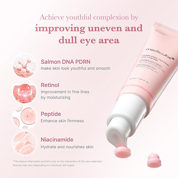 medicube Salmon DNA PDRN Pink Peptide Eye Serum with Niacinamide and 99% Purity Retinol for Fine Lines, Uneven Skin Tone, Korean Skin Care 1.01fl.oz