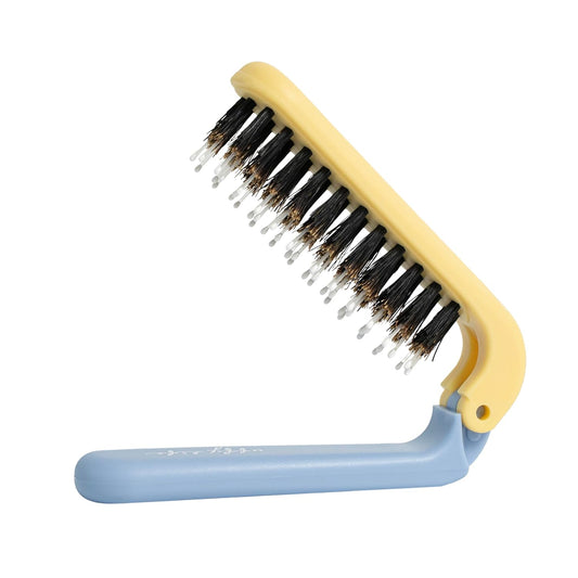 Uffy MiniPop Travel Hair Brush – Mini Folding Boar Bristles for Women, Men & Kids | Kid-Friendly Compact Comb for Wet & Dry Hair, Curly or Straight | Pocket-Size Detangler - Lemonade on Baby Blue