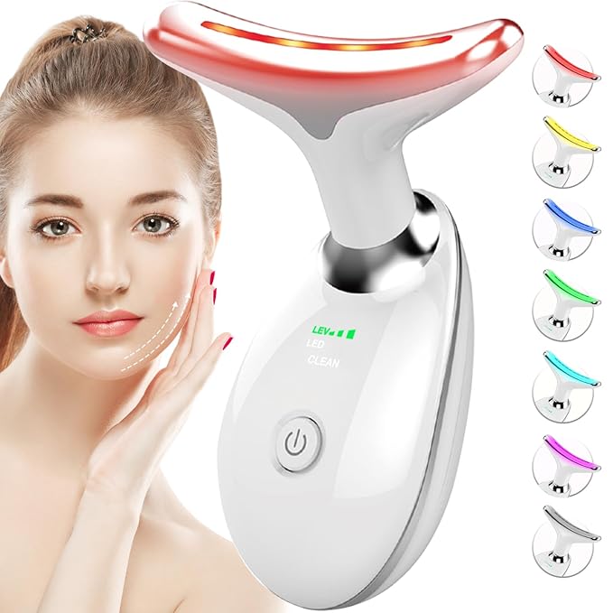 Red-Light-Therapy-for-Face-and-Neck, 7 Color Face Massager Tool for Wrinkles, Double Chin, Vibrating Facial Massager with Thermals for Skin Care, Glossy White