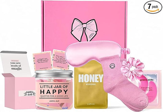 Happy Gift Set – Spa Pamper Kit, Smile Socks, Motivational Gift Box with Uplifting Quotes, Silly Sleep Mask | Self-Care Gift Box for Women, Mother's Day (Premium Gift Set)