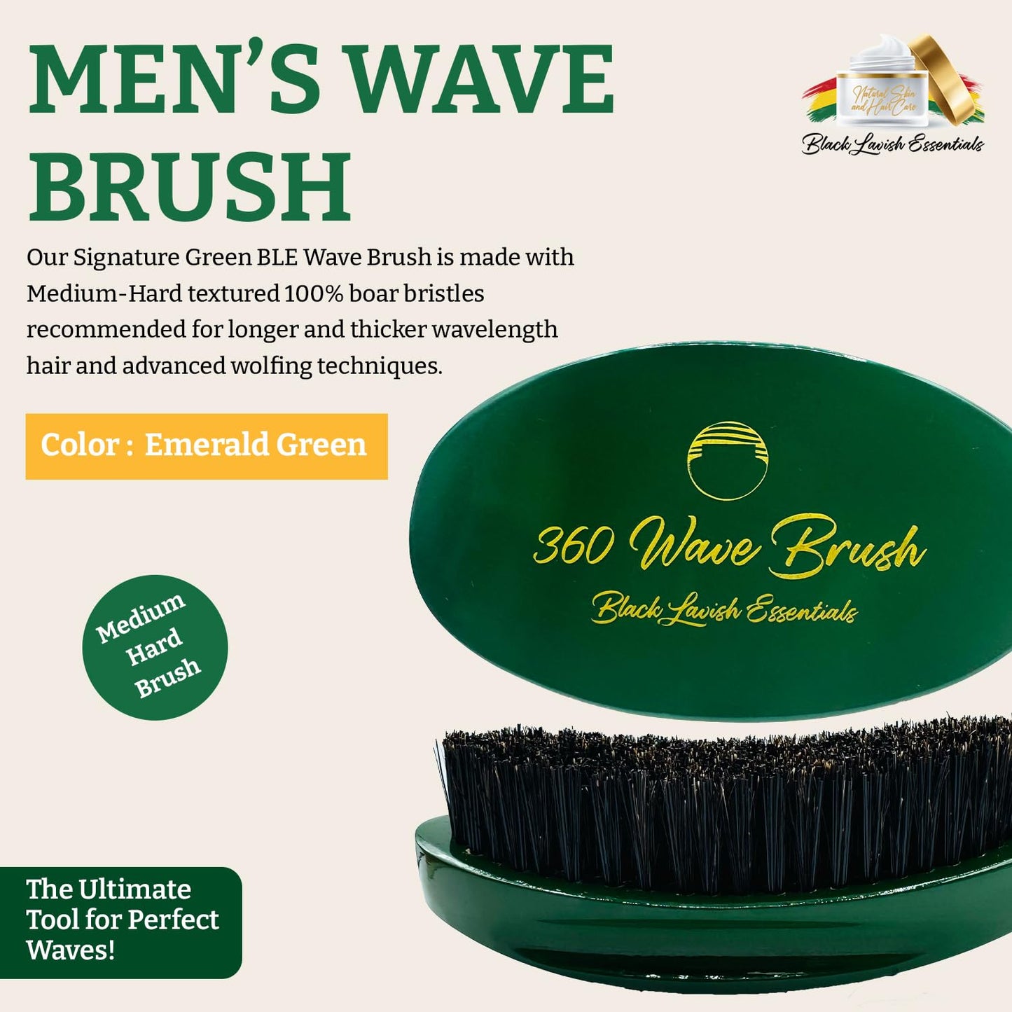 360 Wave Brush, Build Deeper Waves, Soft & Hard Boar Bristle Curved Brush, Black Lavish Essentials Signature (Emerald Green, Medium-Hard)