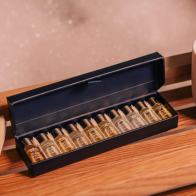 Aromatherapy Associates Essential Oil Blends – Luxury Shower and Body Oils for Dry Skin, Daily Aromatherapy Care for Men & Women, 10-Pack (0.10 fl oz Each) in Decorative Gift Box