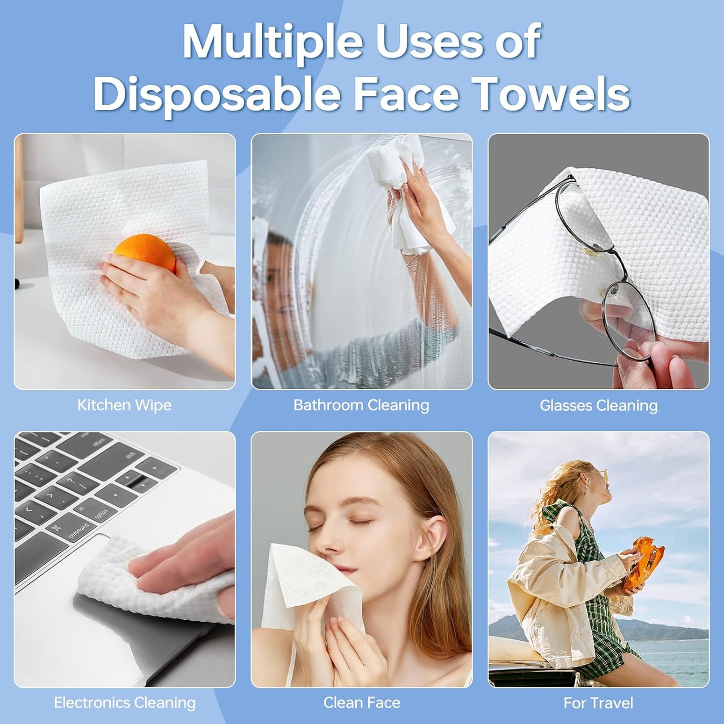 Disposable Face Towels 100 Count, Lint-Free Soft Cotton Facial Dry Wipes,8” x 8” Clean Facial Towels Wash Cloth for Sensitive Skin,Makeup Remover Dry Wipes
