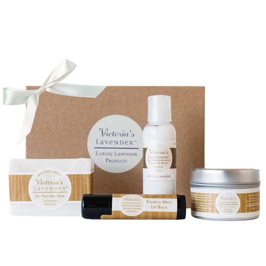 Victoria's Lavender Natural Body Products Gift Set - Handmade Soap, Lotion, Lip Balm, Body Candle Skin Care Sets & Kits, Made in the USA Lavender Bath Products for Women, Vanilla Lavender