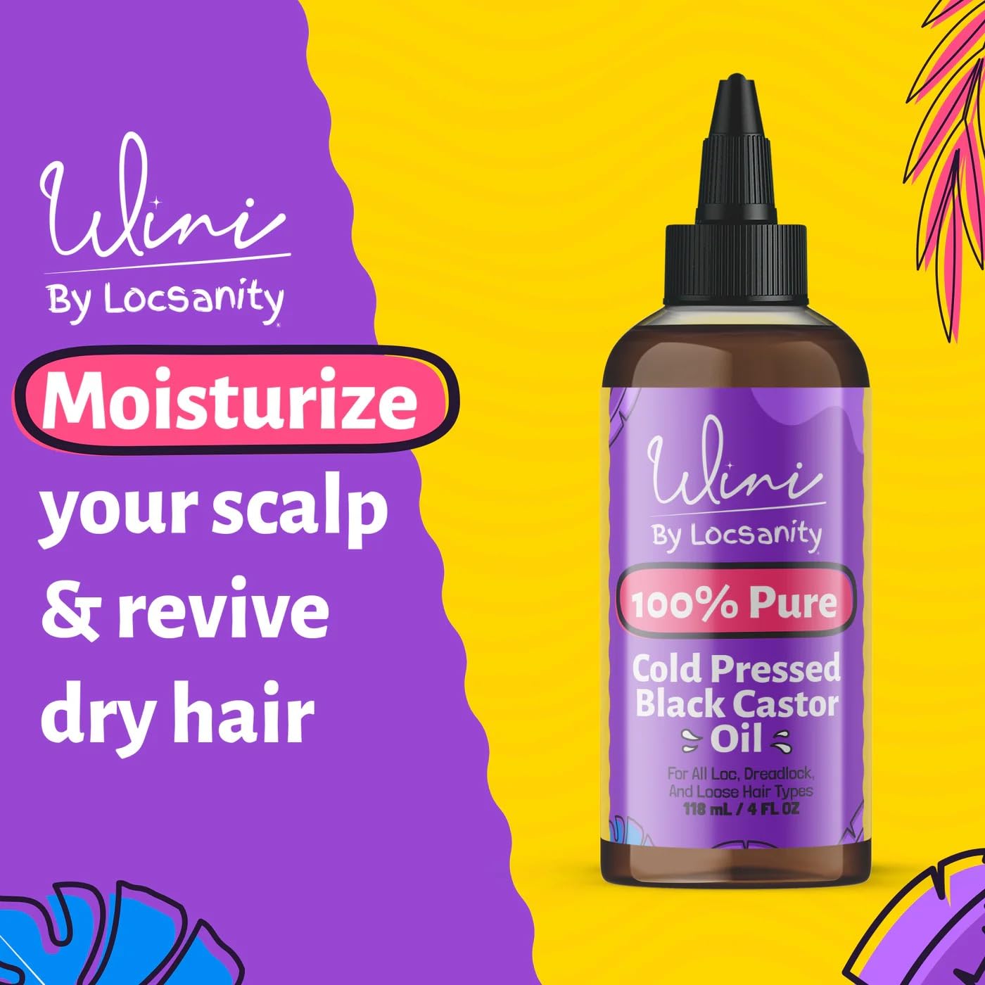 Locsanity Wini Pure 100% Jamaican Black Castor Oil Organic Cold-Pressed | Non-GMO | Unscented - 4 fl oz: Moisturizing Face & Hair Oil for Growth, Skin Care, Strengthening, & Nourishing