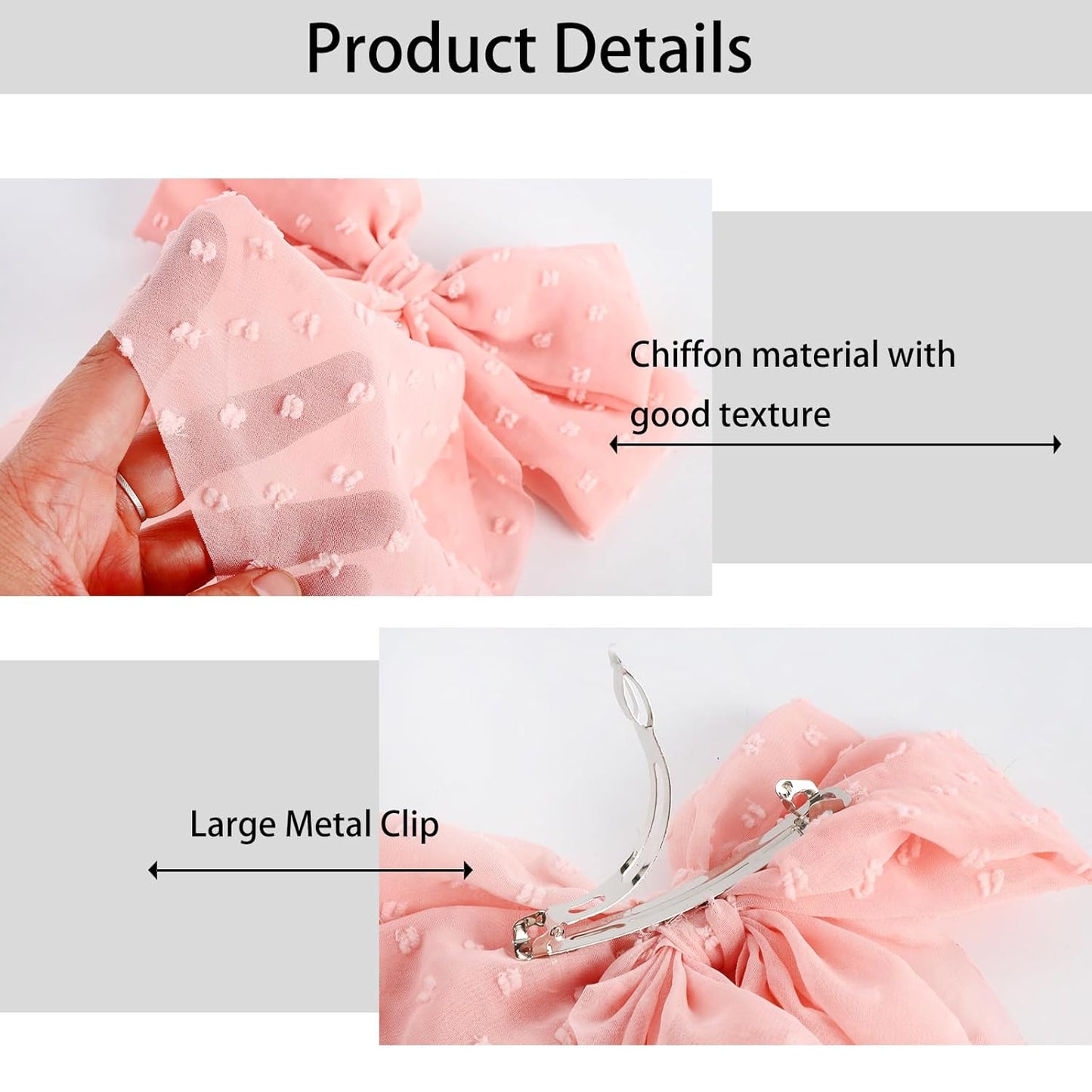 4PCS Chiffon Large Ribbon Hair Bows, Oversized Long-tail Hair Clips, Cute Hair Barrettes, for Women and Girls Hair Styling Accessories, Black, White, Beige, Light Pink