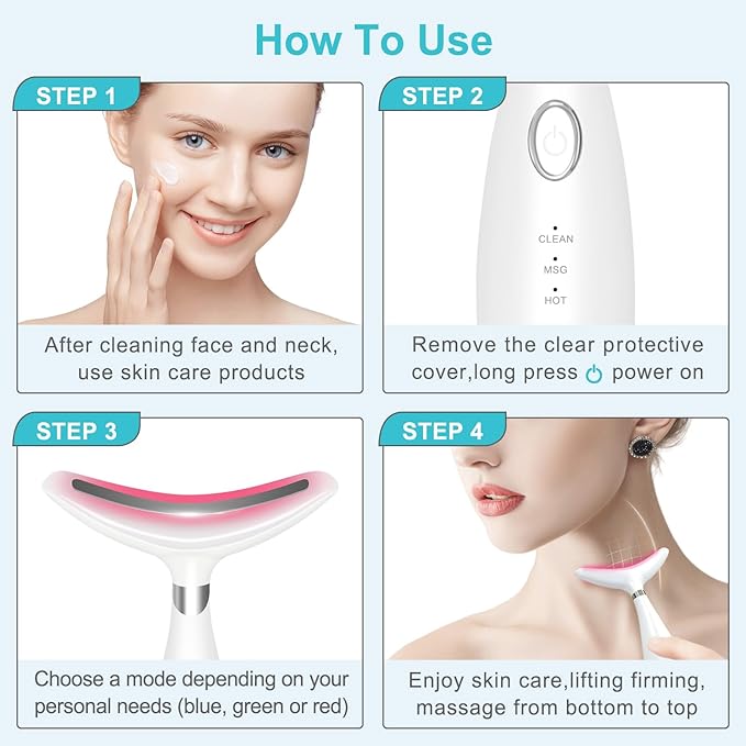 Neck Face Beauty Device, Skin Care Face Massager, 3 in 1 Facial Massage Tool with Heating & Vibration, White