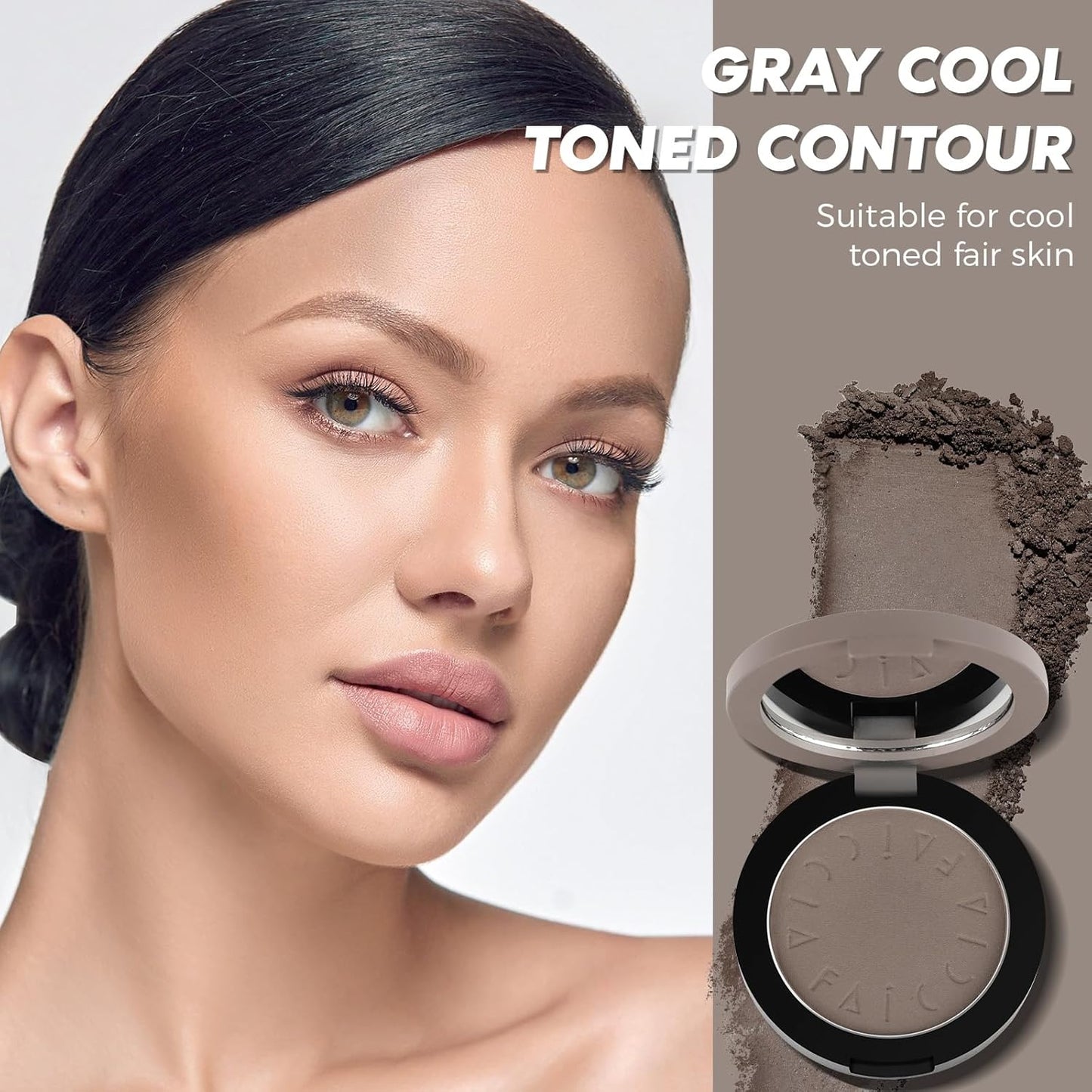 Cool Toned Contour Palette with 2 IN 1 Nose Contouring Brush & Mirror, 【Delicate Texture】【Multi-Purposes & Buildable】【Long Lasting】, Grey Contour Powder Suitable for Cool Toned Fair Skin