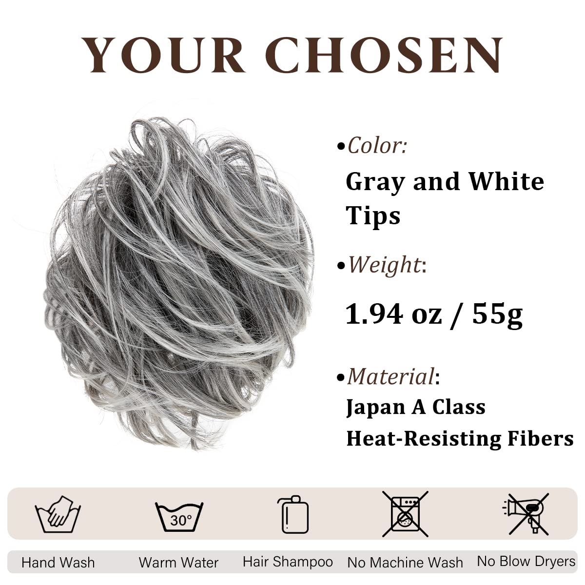 CJL HAIR Large Messy Bun Hair Piece Wavy Curly Scrunchies Synthetic Chignon Ponytail Hair Extensions Thick Updo Hairpieces for Women Salt and Pepper