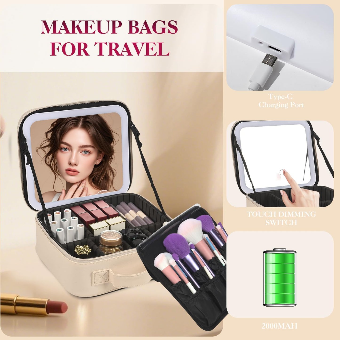 Travel Makeup Bag With LED Mirror,Cosmetic Train Case with 3 Color Setting,Cosmetic Makeup Organizer Bag with Adjustable Dividers,Portable Make up Box with Make up Brushes Holder Storage（Beige）