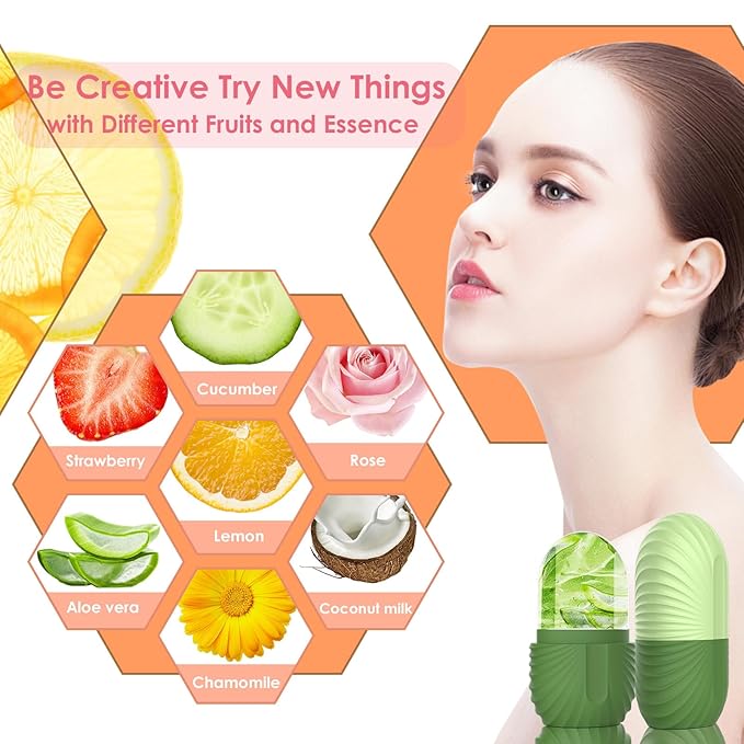 Ice Face Roller, Silicone Facial Ice Roller, Reusable Skin Care Massager Tools for Relieve Puffiness, Tighten Skin, Shrink Pores Shell Green