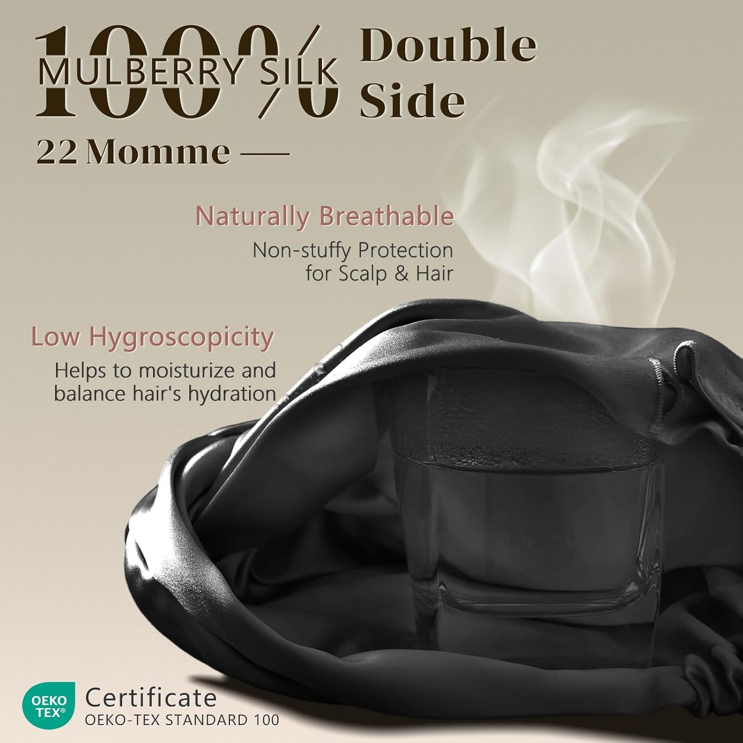 ZIMASILK 22 Momme 100% Mulberry Silk Bonnet for Sleeping & Women Hair Care, Highest Grade 6A Silk Hair wrap for Sleeping with Premium Elastic Stay On Head (1Pc, Black)