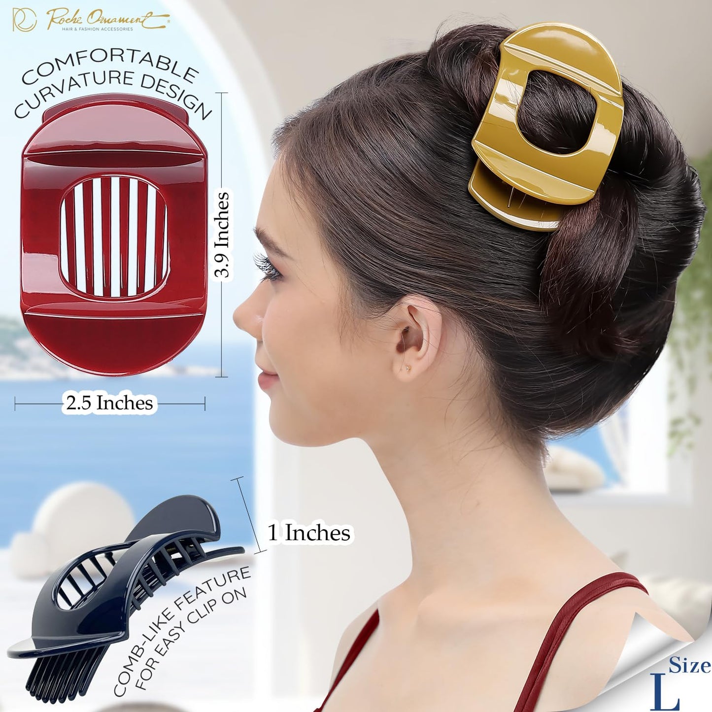 RC ROCHE 6 Pcs Flat Claw Hair Clips for Women Thick Hair French Round Duckbill Square Secure Strong Hold Grip Clamps Barrettes Curved No Slip No Crease Styling Cute Extra Jumbo XL, Large Classic