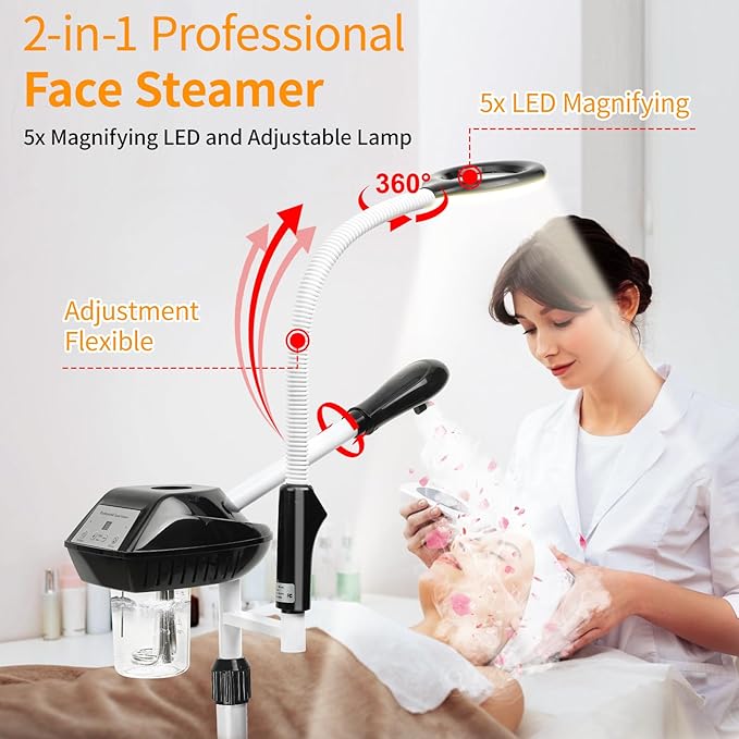 Professional Facial Steamer, 2 in 1 Facial Steamer on Wheels with 5X Magnifying Lamp, Ozone Facial Steamers Adjustable Height, Steamer for Facial for Salon, Spa and at Home Use