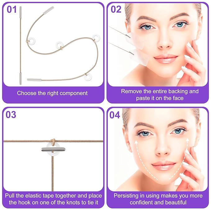 40 Pcs Face Tape Lifting with 8 Pcs Lifting String, Invisible Instant Adhesive Face Lift Tape, Waterproof Hypoallergenic Face Tape for Sagging Skin, Neck, Double Chin, Eye Wrinkles