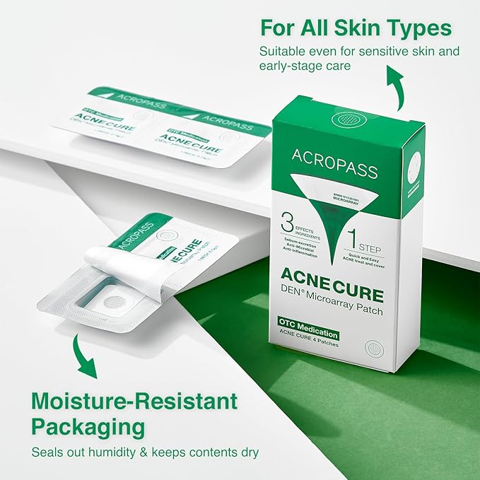 ACROPASS Acne Cure DEN Microarray Patch, OTC Salicylic Acid 2% (4ct) – Acne Treatment for Sensitive Skin, Anti-Inflammation