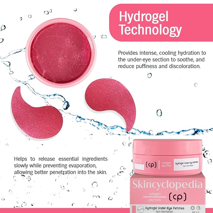 Pure Collagen Hydrogel Under Eye Patches & Peptides Skin Revitalizer, Anti Aging Skin Brightener, Treats Dark Circles, Puffy Eyes, Crow's Feet, Fine Lines & Wrinkles. Vegan. 60Pcs