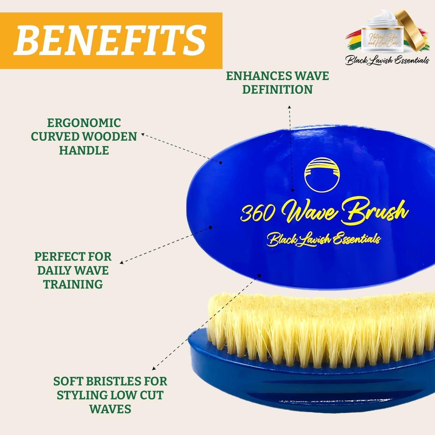 360 Wave Brush, Build Deeper Waves, Soft & Hard Boar Bristle Curved Brush BLACK LAVISH ESSENTIALS (Soft, Blue)