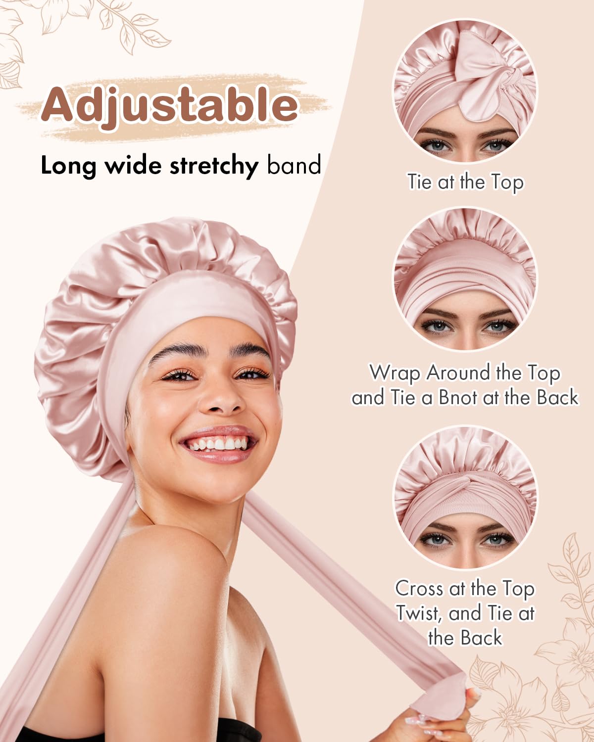 BONNET QUEEN Silk Bonnet for Sleeping Women Satin Bonnet Night Sleep Cap Wrap for Curly Hair with Adjustable Tie Band, Single Layer, Small, Cream Pink