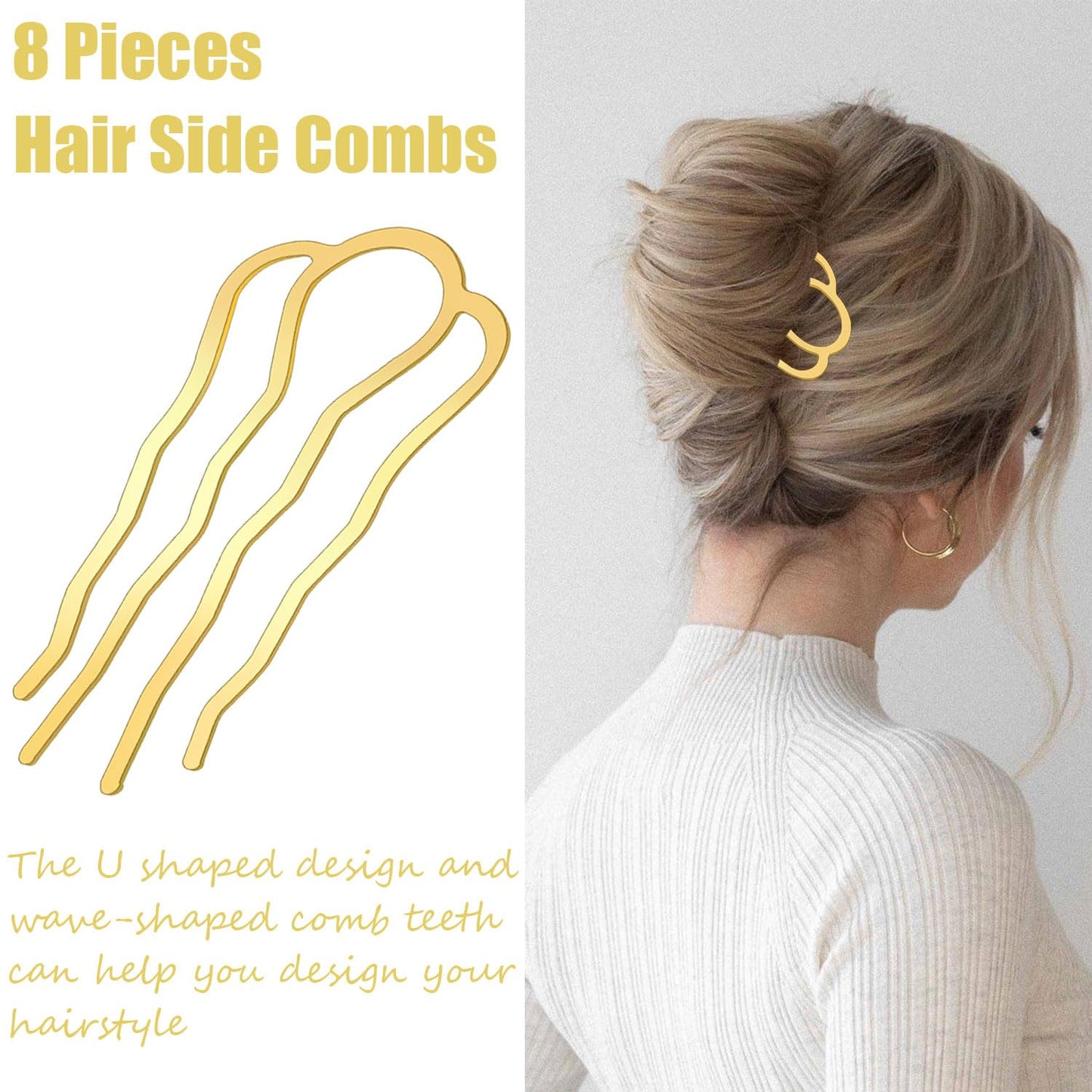 8 Pieces Hair Side Combs, Metal Hair Fork Clip Hair Pins for Buns Hair Updo U-Shape Hair Sticks for Women Hair Styling Tool Accessories (Gold)